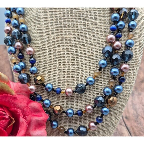Pretty Esmor Multi Strand Glass Bead Necklace Jewel Tones Blue Gold 22" - Picture 2 of 10